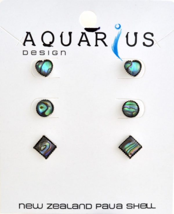 PAUA HEART ROUND SQUARE 3 SET EARRINGS