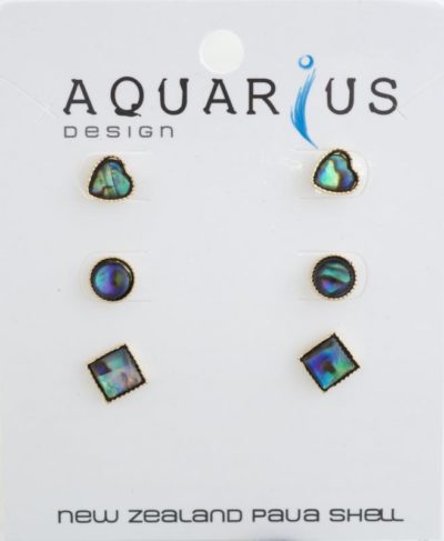GOLD NATURAL PAUA HEART ROUND SQUARE 3SET EARRINGS