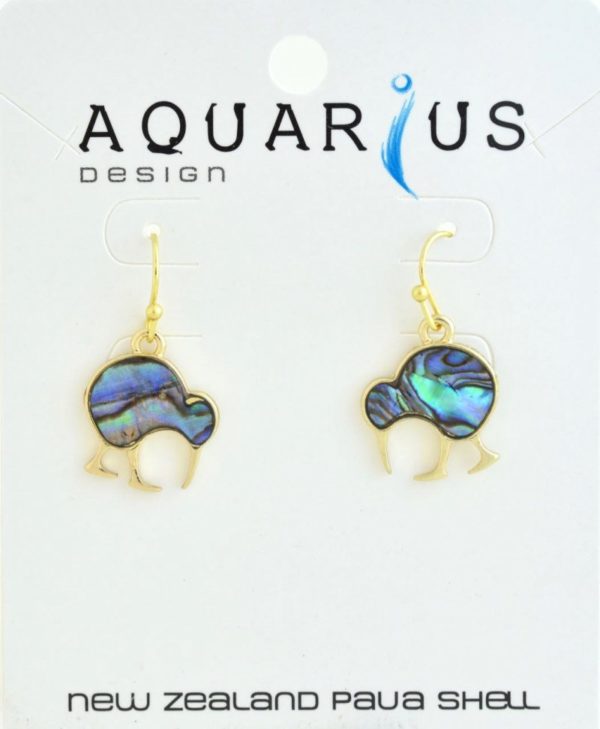NATURAL PAUA WALKING KIWI EARRING GOLD