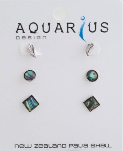 NATURAL PAUA CIRCLE SQUARE AND METAL FERN 3 SET EARRING