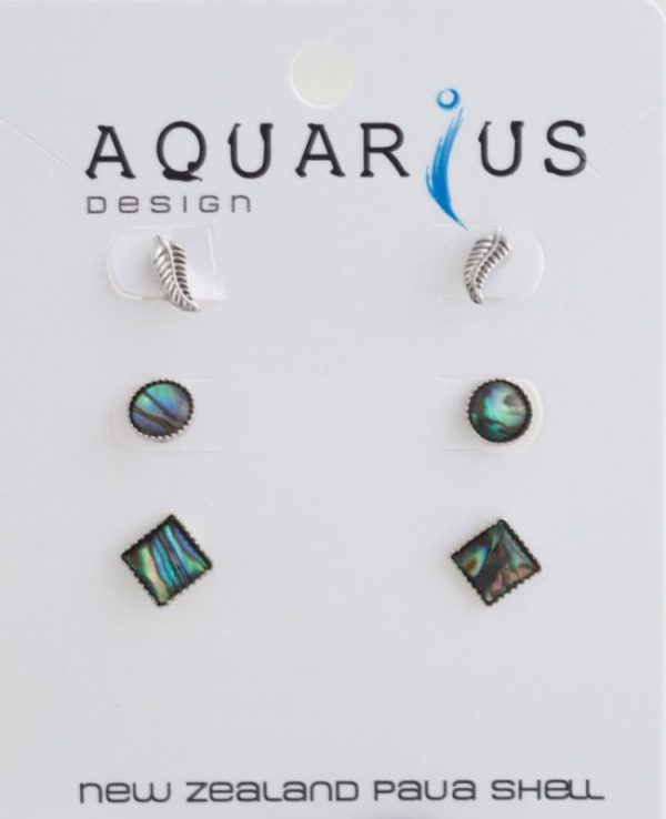 NATURAL PAUA CIRCLE SQUARE AND METAL FERN 3 SET EARRING