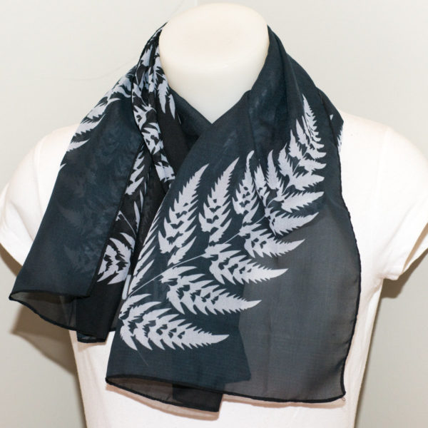 BLACK WITH LARGE SILVER FERN SCARF