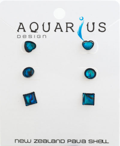 BLUE PAUA HEART ROUND SQUARE 3 SET EARRINGS