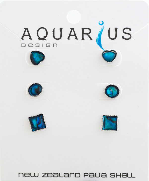 BLUE PAUA HEART ROUND SQUARE 3 SET EARRINGS