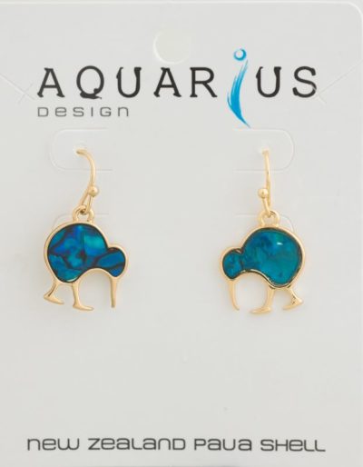 BLUE DYED WALKING KIWI GOLD EARRING